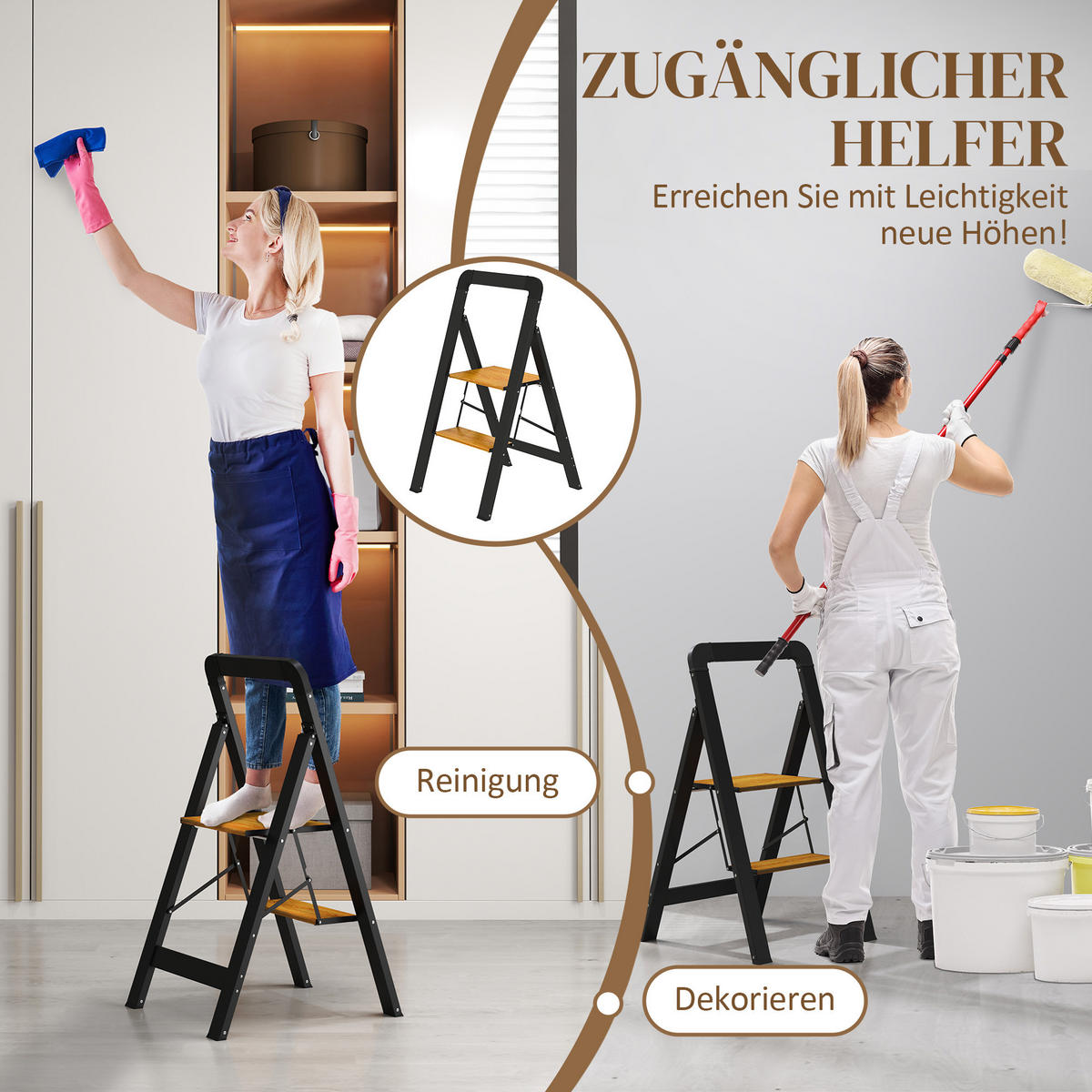 TRITTLEITER Klapptritt mit 2 Stufen Aluminium Schwarz 44,5 x 48 x 86,3 cm - Schwarz, Metall (44.5/48/86.3cm) - HOMCOM