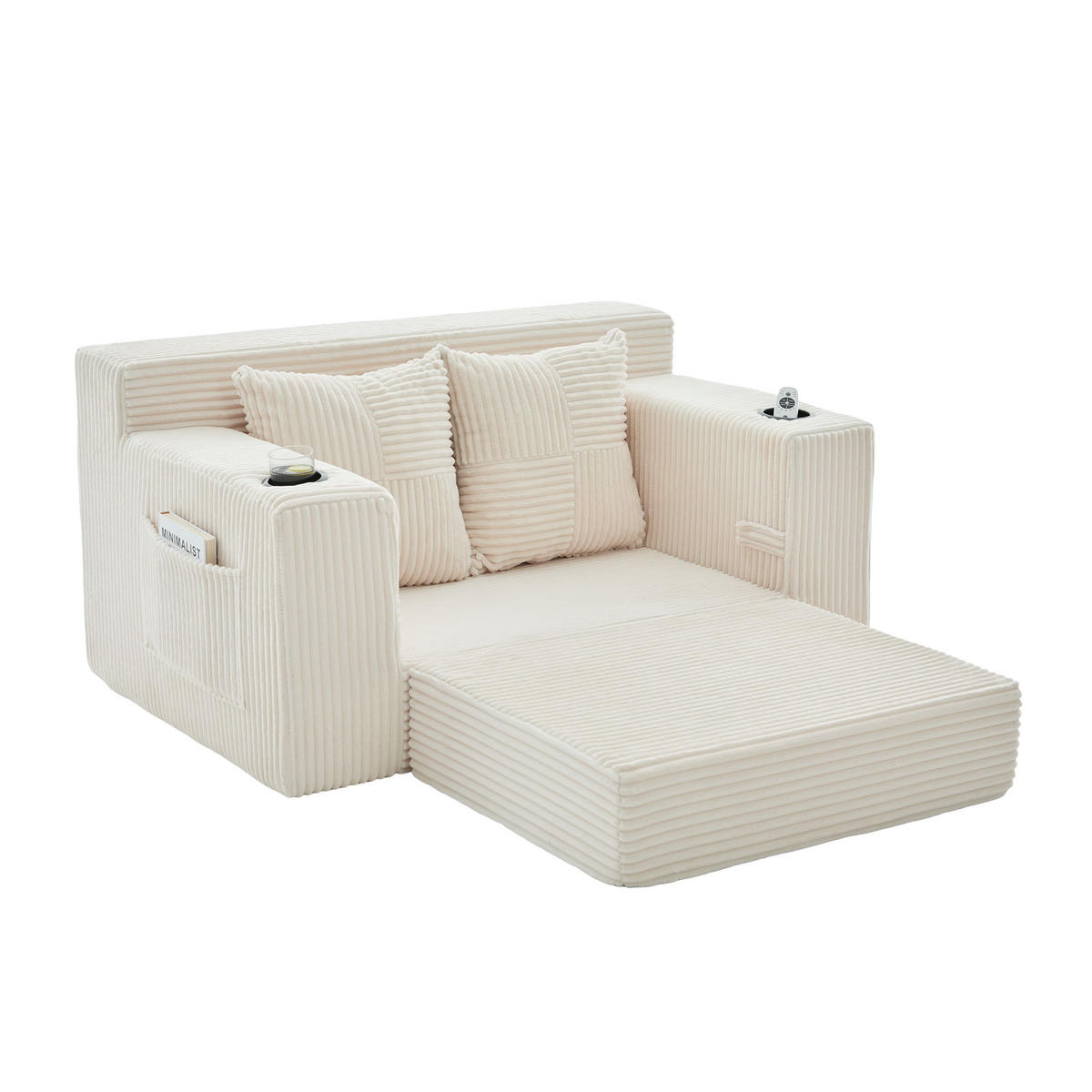 SCHLAFSOFA 2-in-1 mit Hocker, 2 Kissen und Becherhalter, DE-42913, Beige - Beige, Textil (133/64/87cm) - ComfortXL