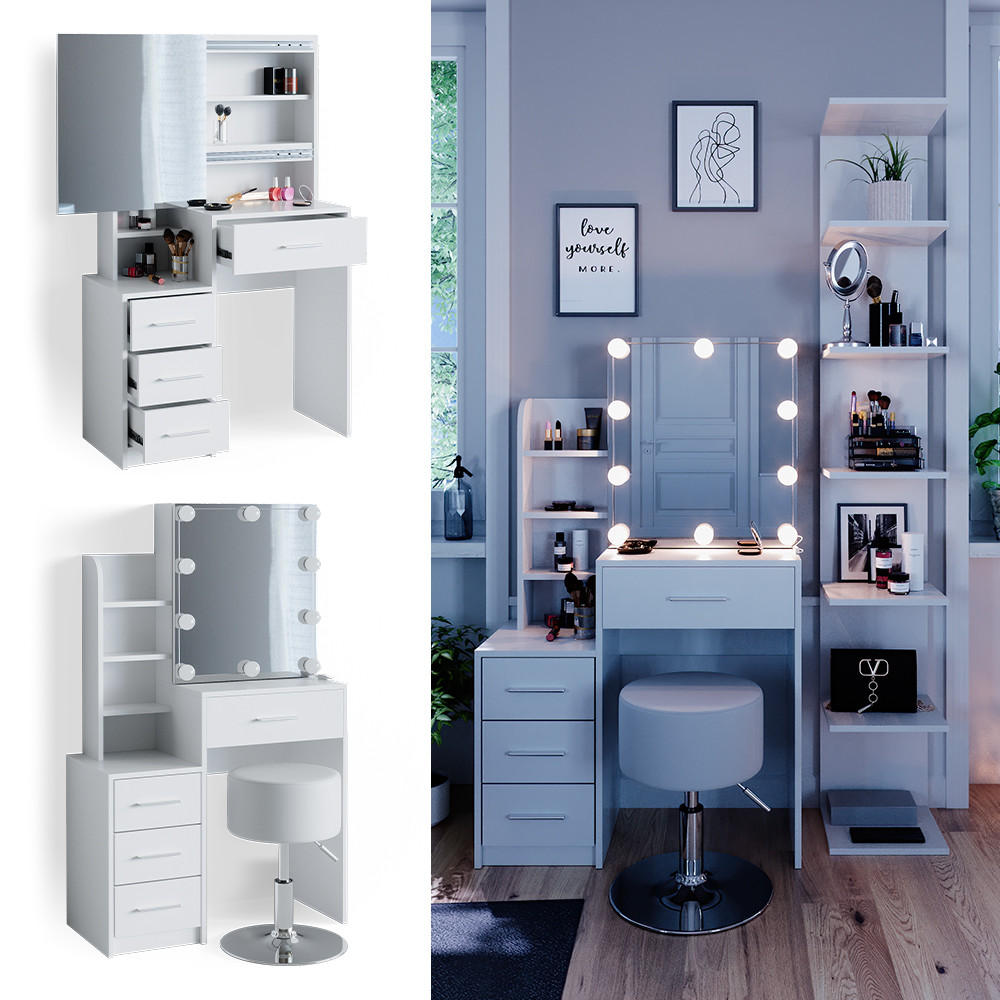 SCHMINKTISCH Conrada Weiß 80 cm mit LED Beleuchtung und Hocker - Weiß, Holzwerkstoff (36/131.6/80cm) - Vicco