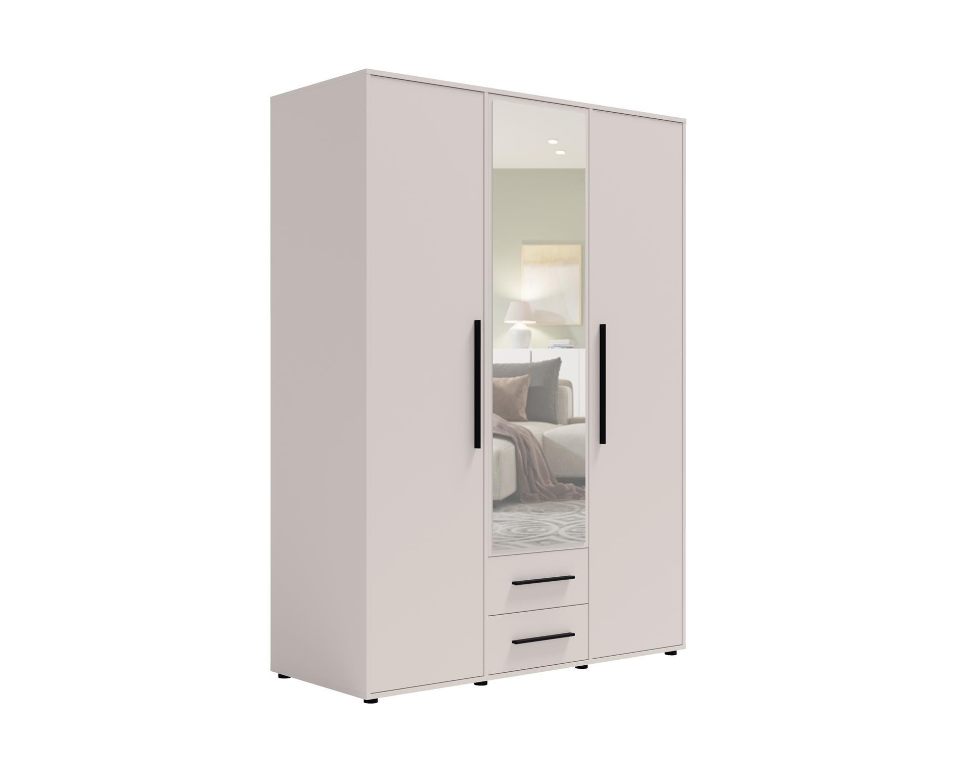 KLEIDERSCHRANK Maxivo Kaschmir, dreitüriger Kippschrank mit Schubladen und Spiegel, Erweiterung - Kaschmir/Schwarz, Holzwerkstoff (150/248/59cm) - Bettso