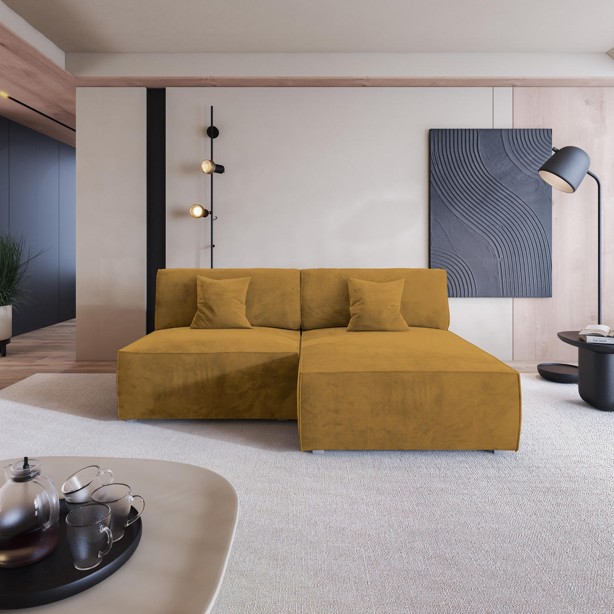 ECKSOFA FIORO M Gelb Velours-Stoff mit Schlaffunktion - Gelb/Grau, Holz/Kunststoff (204/148cm) - MASSENO