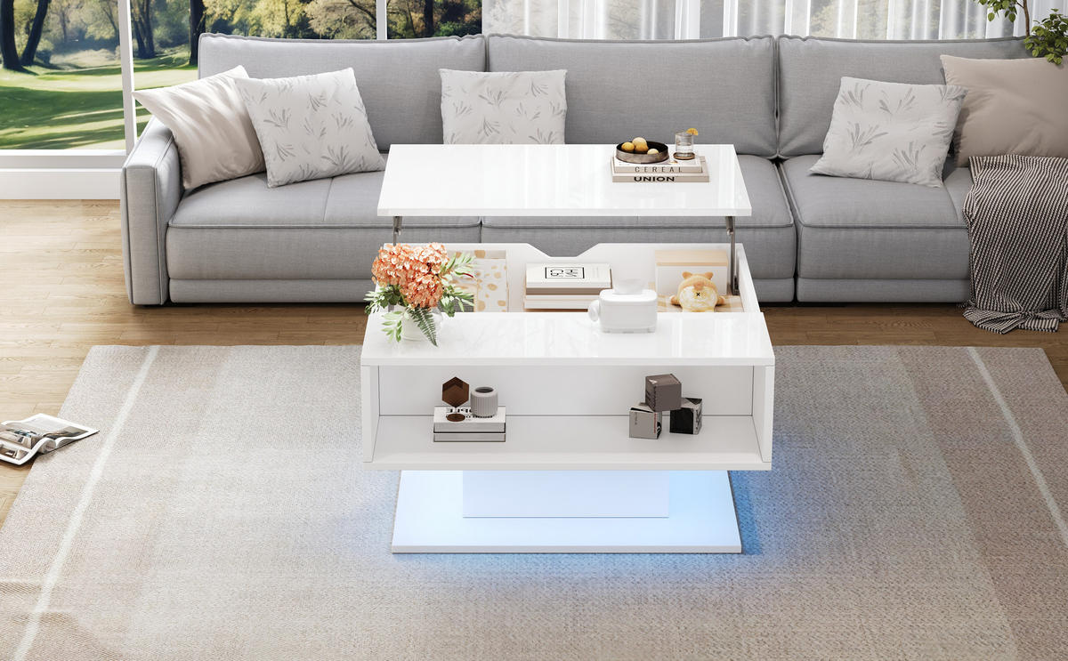 COUCHTISCH 80/75/40 cm weiß aus Spanplatte mit Hubfunktion und LED-Beleuchtung - Weiß, Holzwerkstoff (80/75/40cm) - OKWISH