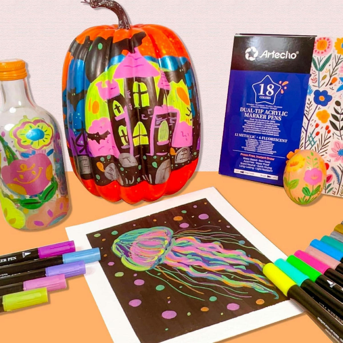 ACRYLSTIFTE 18 Farben Set (12 Metallic + 6 Fluoreszierend) Dual Tip Marker - Multicolor, Kunststoff (10/2/14cm)