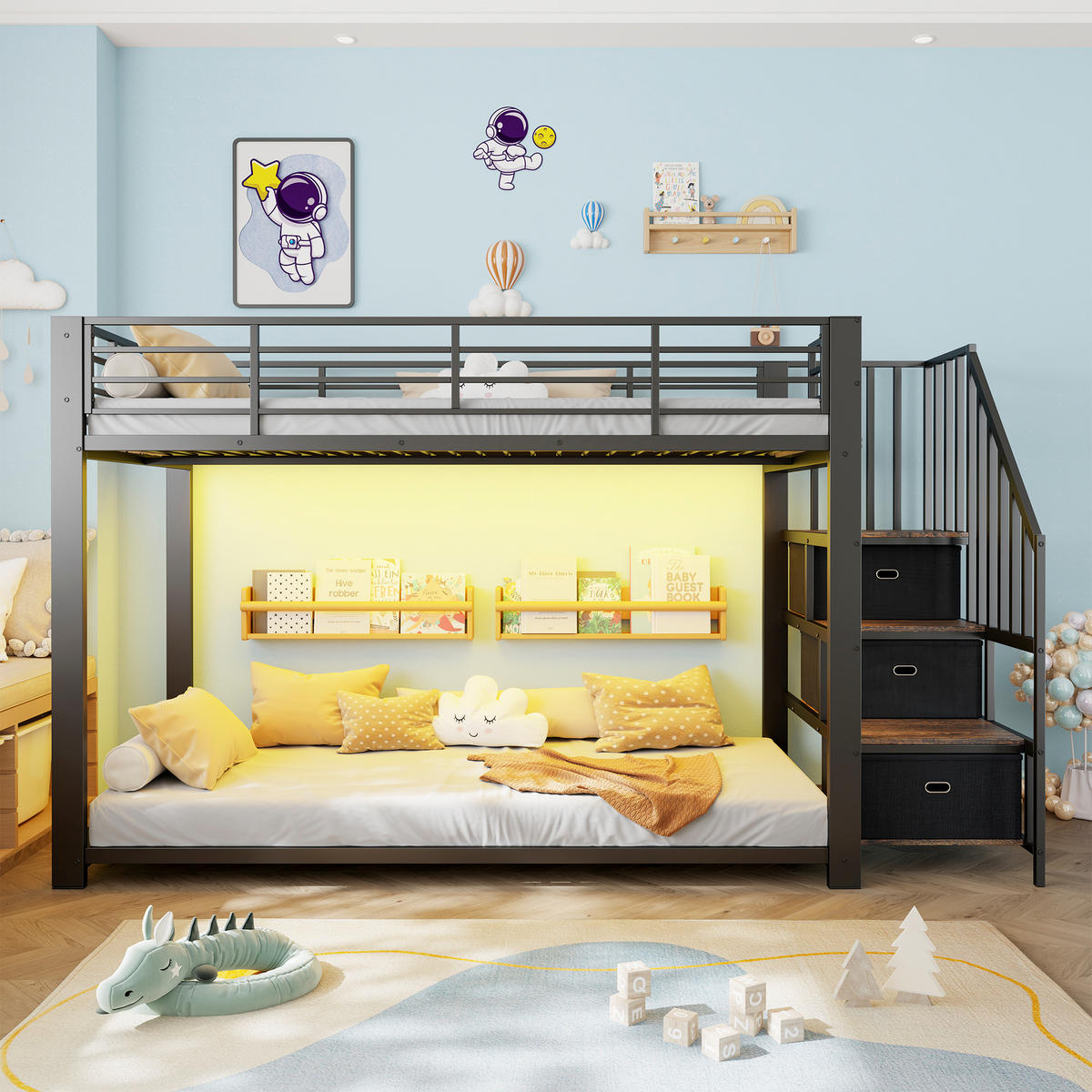 ETAGENBETT 90/200 cm mit Treppe, LED und Steckdose, DE-41957, in Schwarz - Schwarz, Metall (90/200cm) - ComfortXL