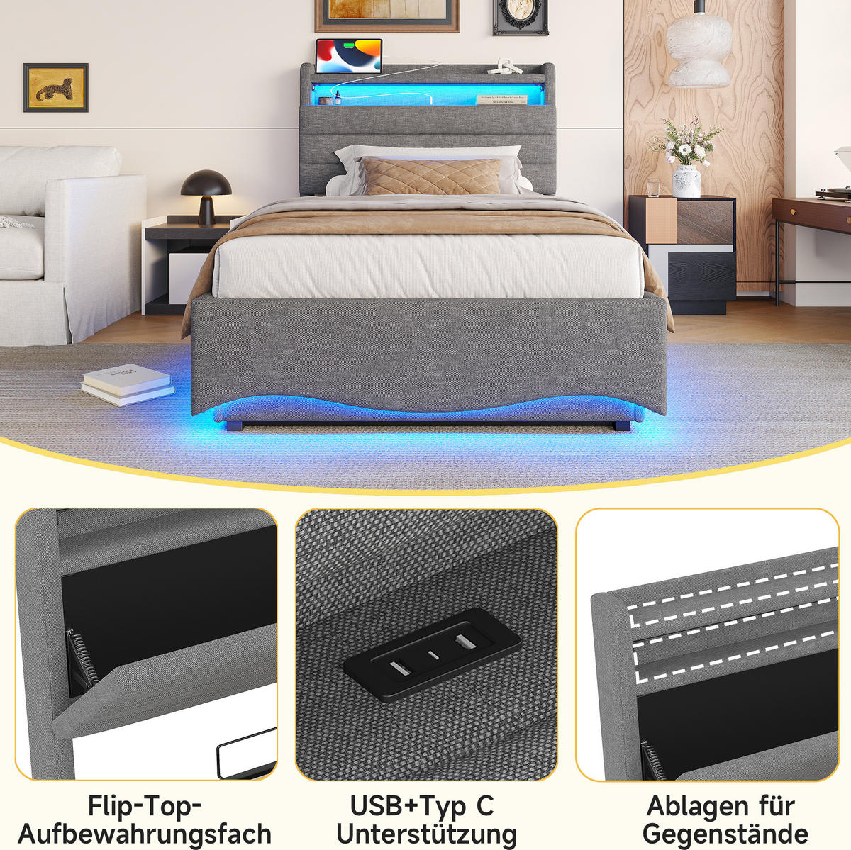 TAPECIRANI krevet 90/200 cm s LED osvjetljenjem, USB i Type-C priključcima te hidrauličnim spremištem, Siva - siva, tekstil (90/200cm) - Redom