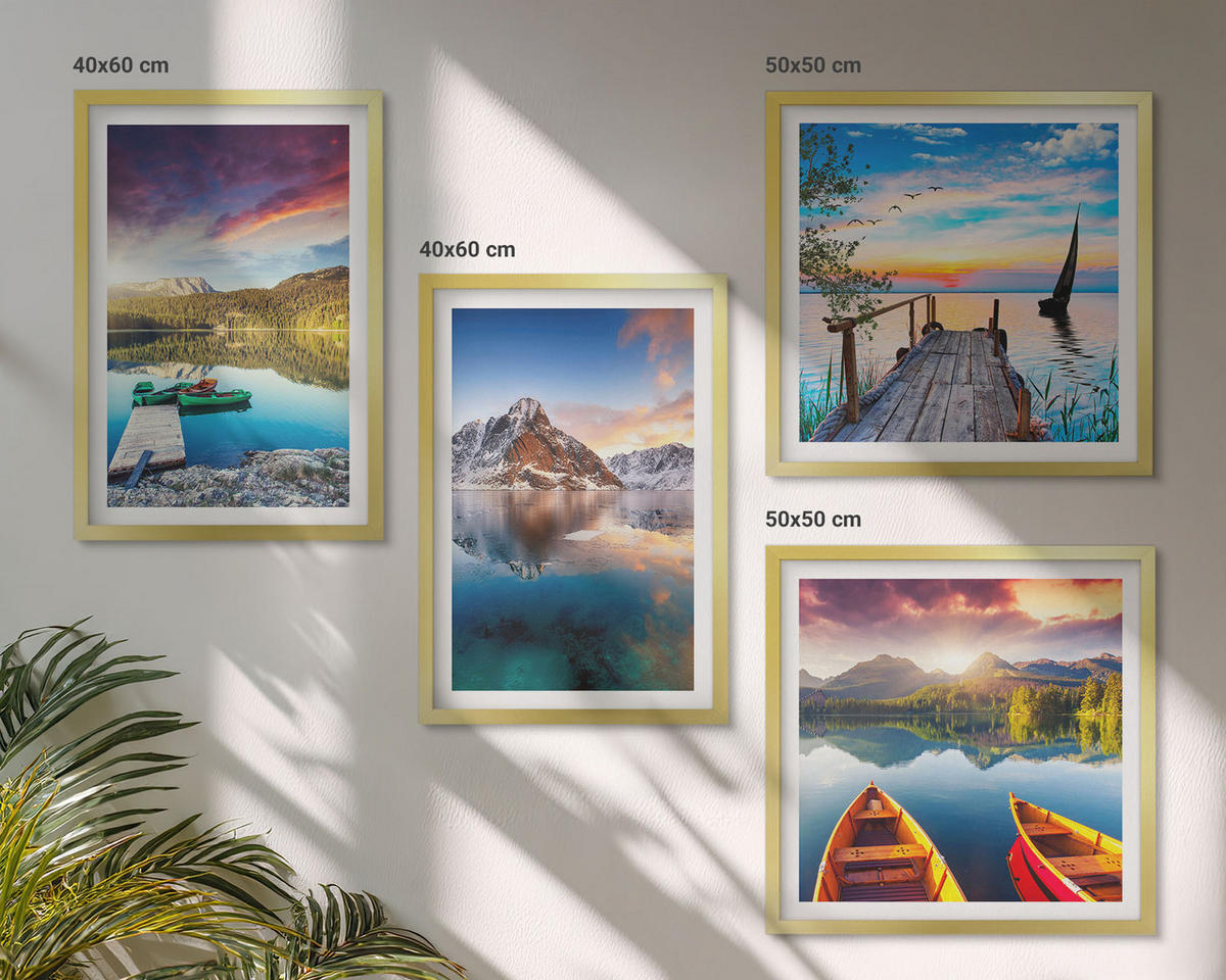WANDBILDER 4er Set - 50x50 cm & 40x60 cm Goldrahmen - Seen- und Berglandschaft Łódź - Goldfarben, Kunststoff (50/50cm) - ArtPrintCave