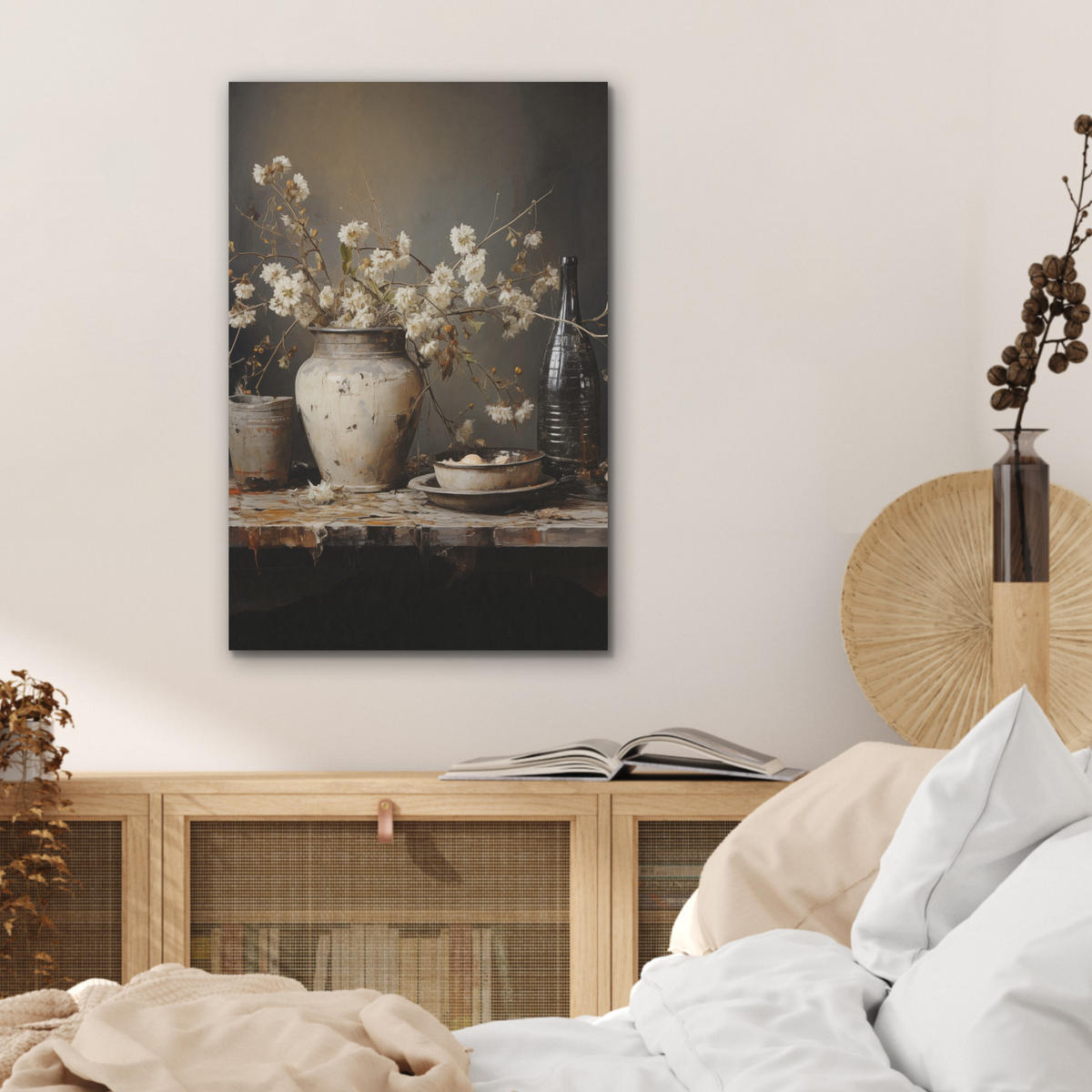 AKUSTICKÝ OBRAZ Zátišie - Kvety - Kytica - Váza - Víno 50x70 cm - čierna, plast (50/70/0.9cm) - MuchoWow