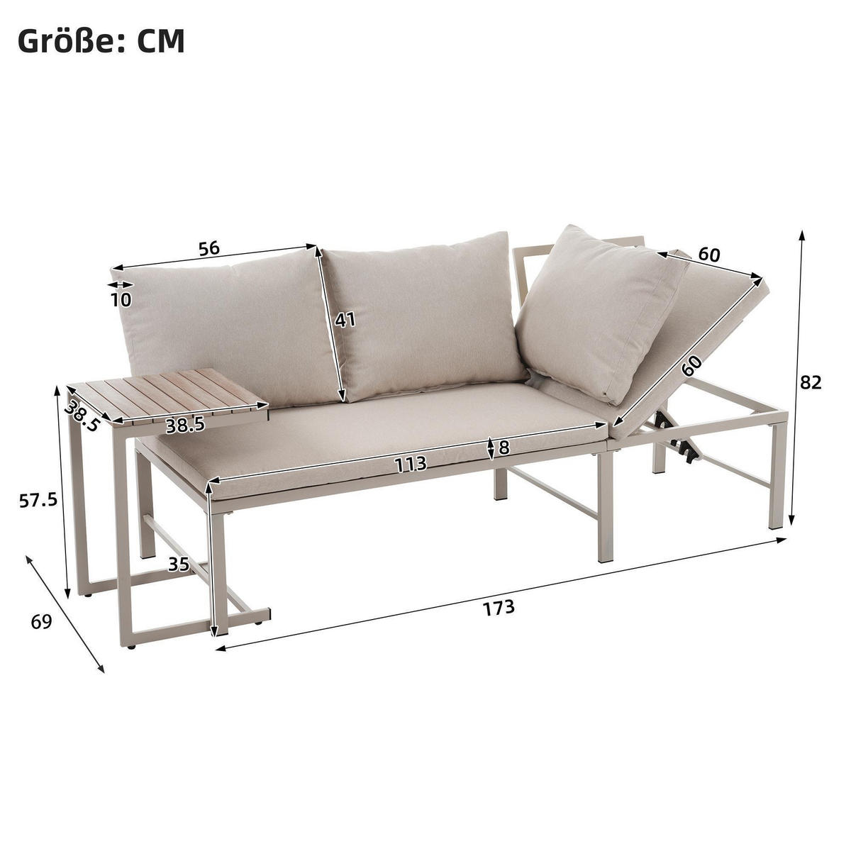 LOUNGESOFA mit Tisch in Khaki - Beige, Metall (69/82/173cm) - KOMHTOM