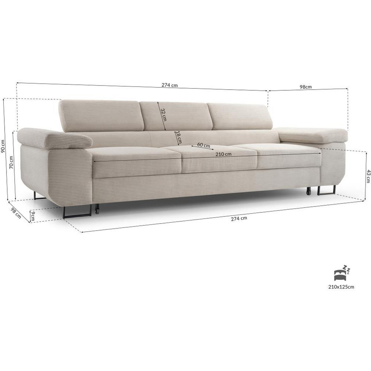 3-SITZERSOFA mit Schlaffunktion Navio hellgrün - Schwarz/Hellgrün, Textil (274/90/98cm) - Beautysofa