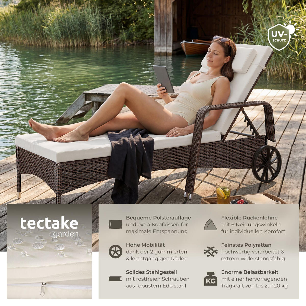 RATTAN-SONNENLIEGE, 200 x 70 x 33 cm, braun gemischt - Braun, Kunststoff (70/33/200cm) - tectake