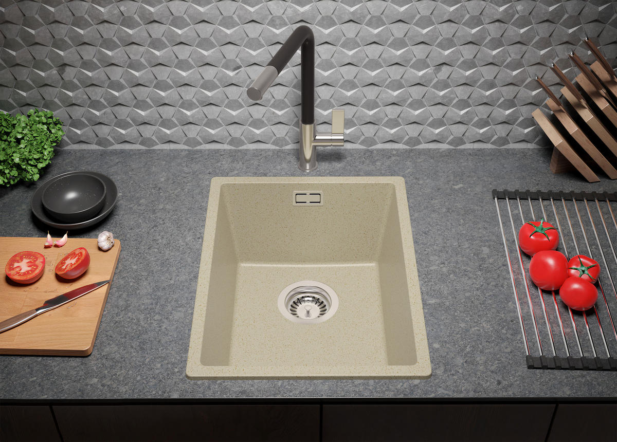 SPÜLBECKEN London Slim, 2-er set Beige 36/47 cm 1 Becken + Ablauf-Set ab 40er Unterschrank - Chromfarben/Beige, Kunststoff (36/20/47cm) - Primagran