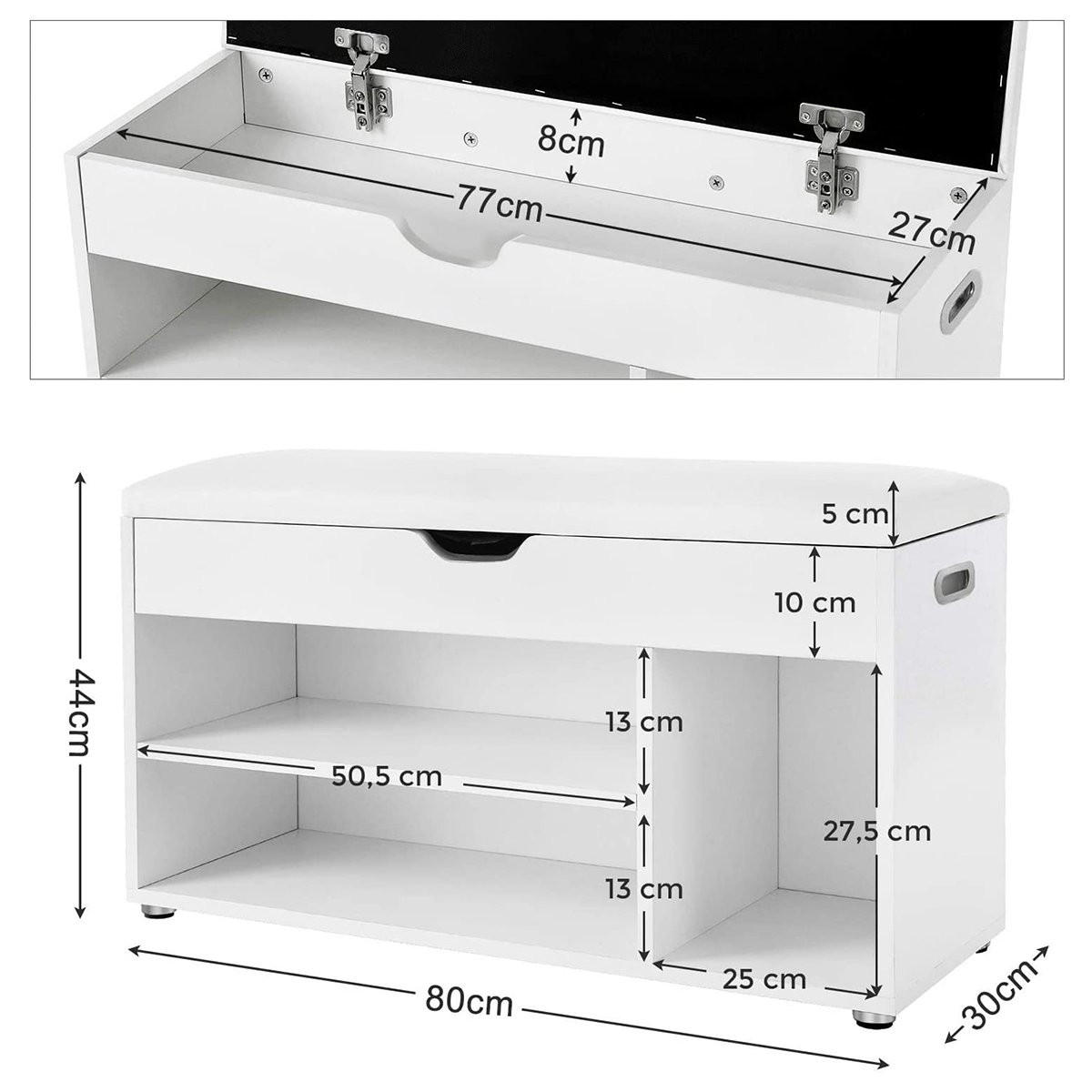 SCHUHBANK 3 Fächer und 1 Truhe mit bequemer Sitzfläche - H44 cm - Weiß, Holzwerkstoff (30/44/80cm) - Calicosy