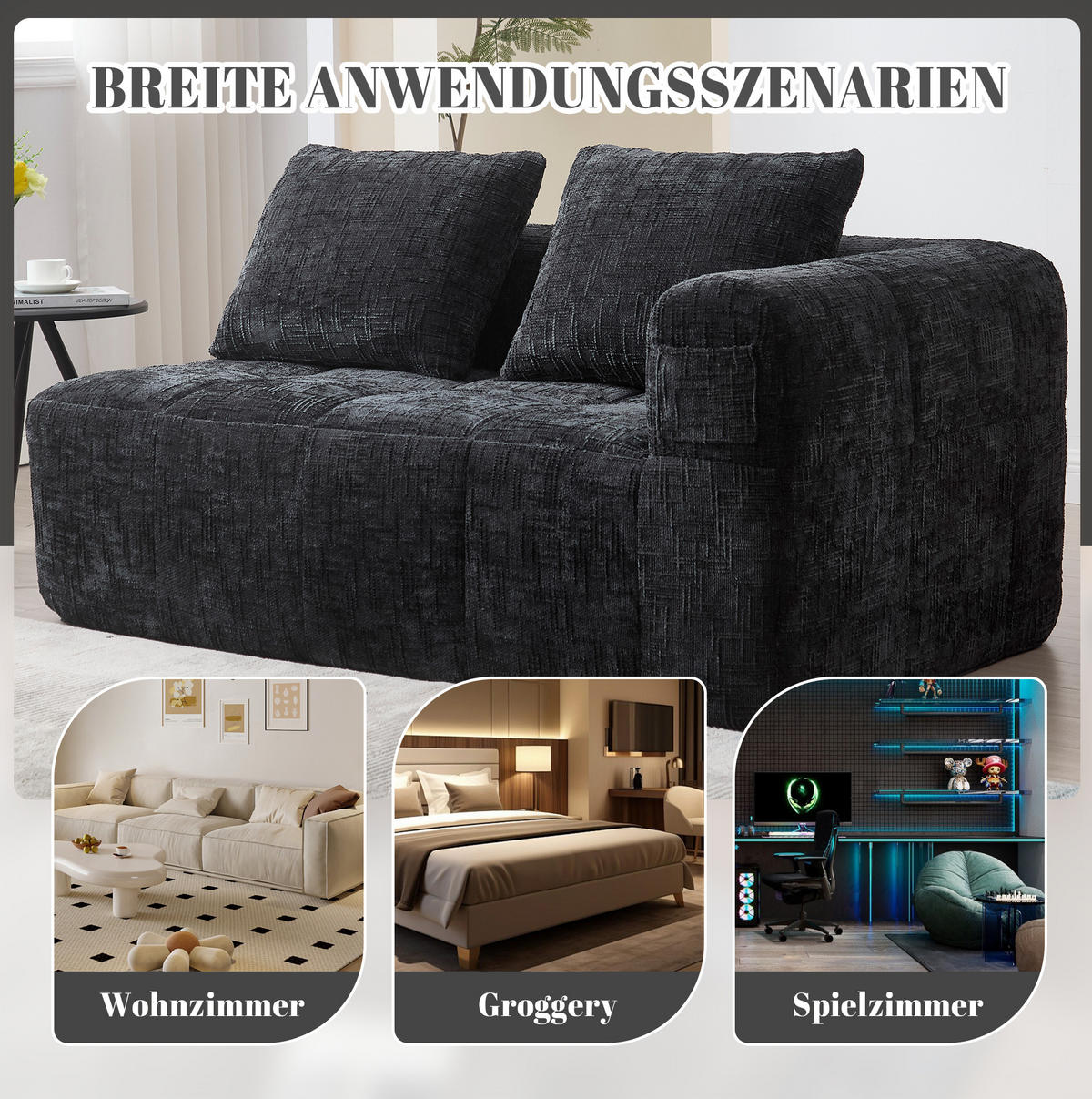 SOFA od chenillea, 158/90/60 cm crna, s bočnim džepovima i jastukom - crna, tekstil (60/160/90cm) - BEAOK