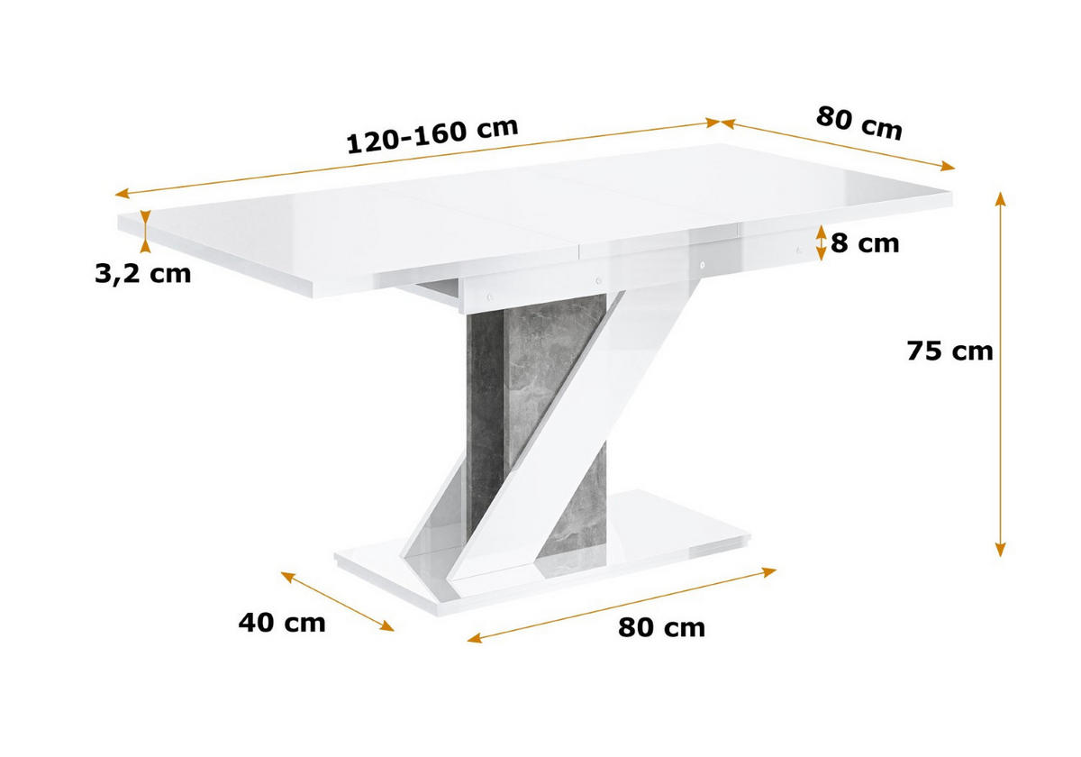 ESSTISCH ausziehbar 120 -160x80x75 cm - Hochglanz Weiß/Betonoptik - EVA - Weiß, Holzwerkstoff (120/80/75cm) - ALTDECOR