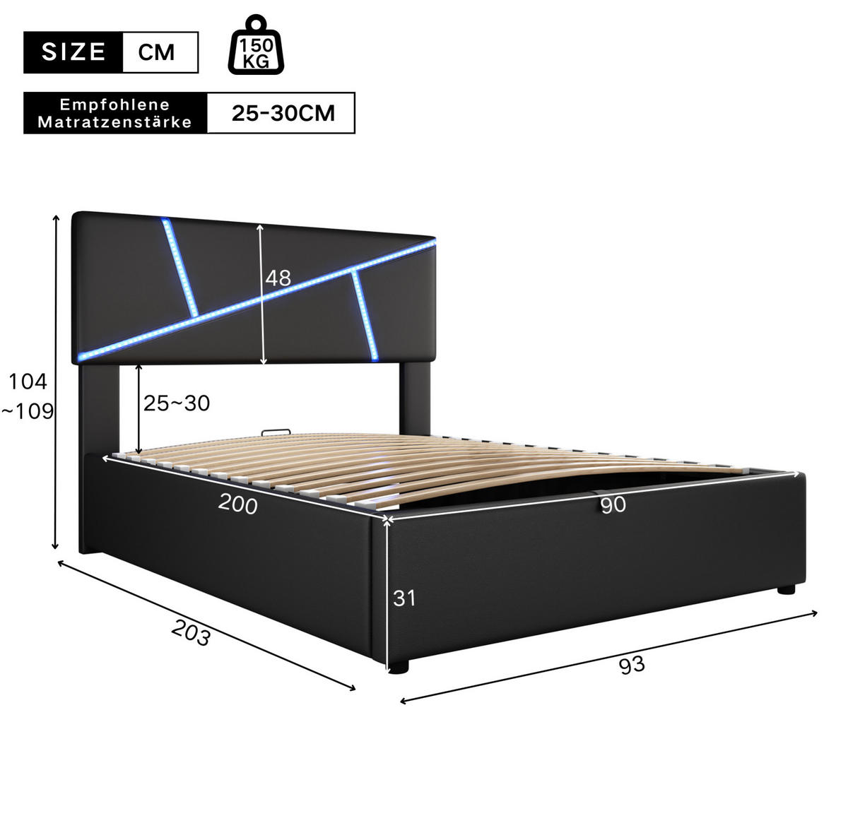 POLSTERBETT mit LED-Beleuchtung 90/200 cm mit Bettkasten und gepolstertem Kopfteil - Schwarz, Kunststoff (90/200cm) - BEAOK