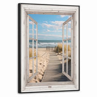 LEINWAND Bilder mit Rahmen - Fenster - Meer - Küste - Natur - Ausblick - Strand - Wattenmeer - 70x100 - Beige, Textil (70/100cm) - MuchoWow