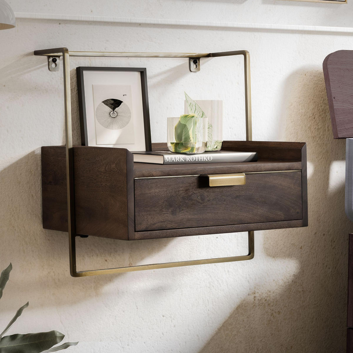 NACHTTISCH Mango Massivholz Wandmontage Schublade Boxspringbett, Braun 44x35x45 cm - Goldfarben/Braun, Holz/Metall (44/45/35cm) - KADIMA DESIGN