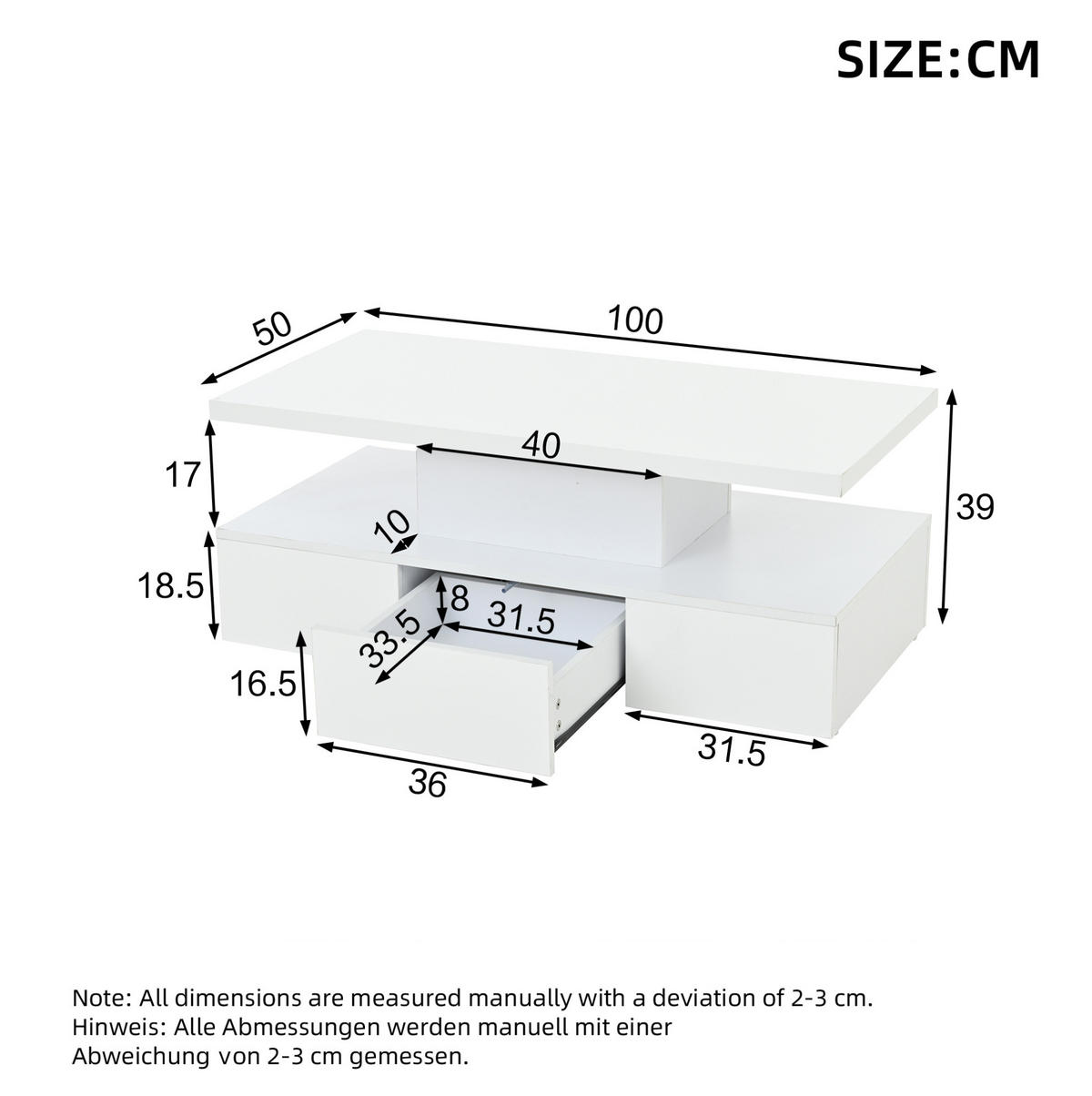 COUCHTISCH 100/50/39 cm Weiß aus Spanplatte mit LED-Lichtleiste - Weiß, Holzwerkstoff (100/50/39cm) - OKMYHOME