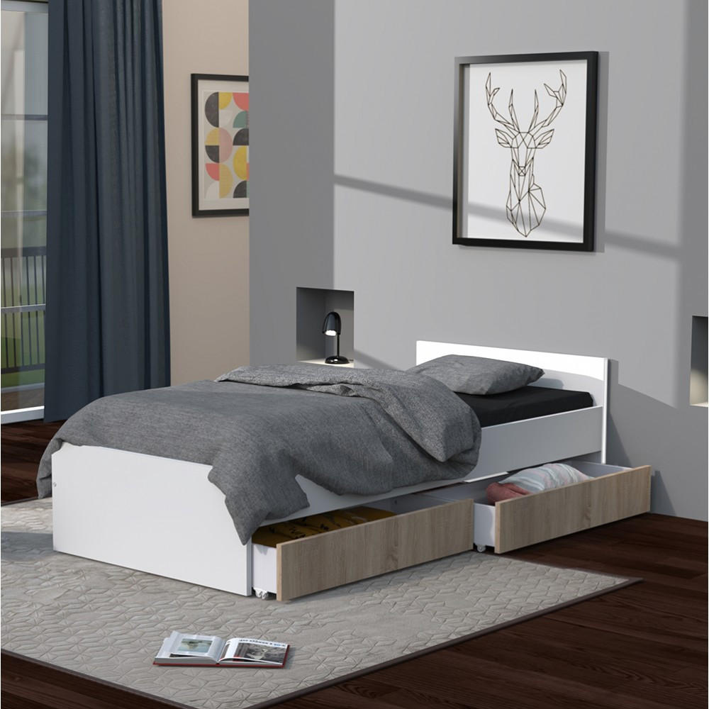 BETT KAPPA mit Schubladen/ Bett 90x190 - Weiß & Eiche Gebleicht Dekor - Multicolor, Holzwerkstoff (90/190cm) - Weber Industries