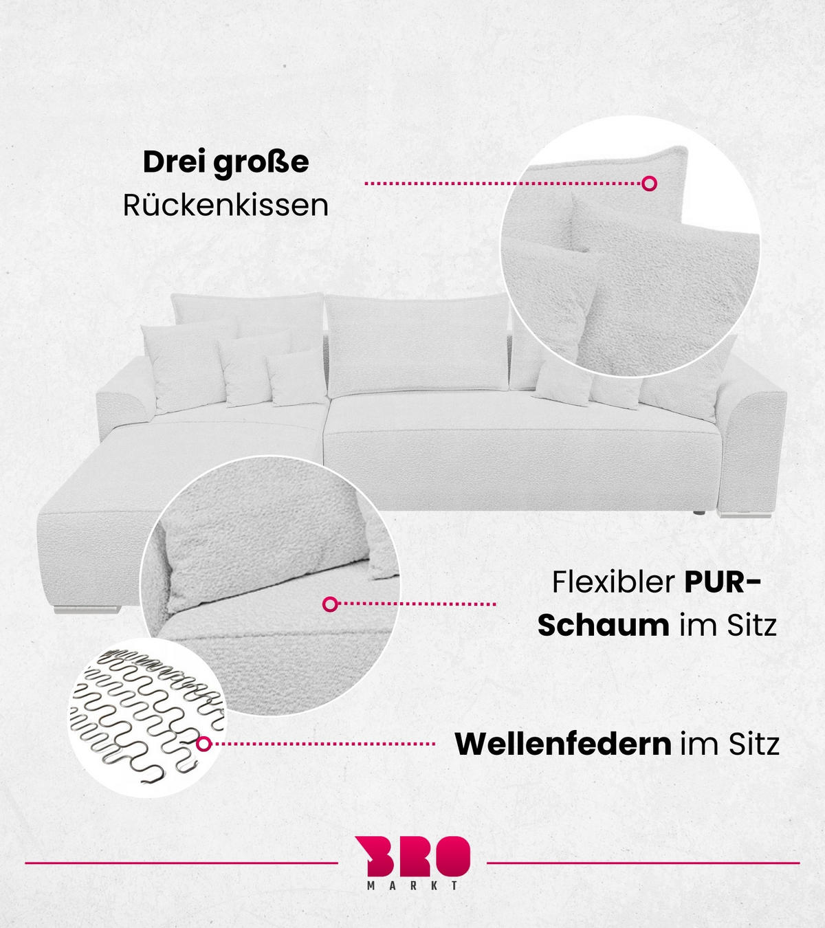 ECKSOFA Sydney mit Schlaffunktion Weiß Boucle - Ecru/Weiß, Textil (280/184cm) - Bromarkt