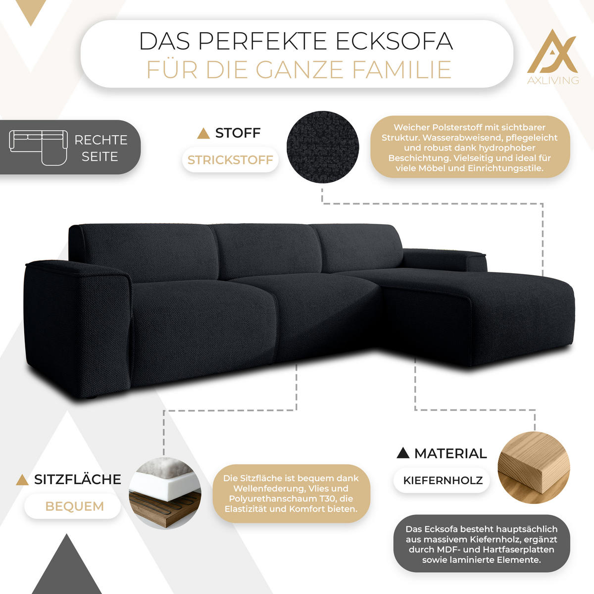 ECKSOFA L Form Didim mini Schwarz 310/165/78 cm – stilvolle kleine Eckcouch R - Schwarz, Kunststoff/Textil (310/165cm) - AX Living