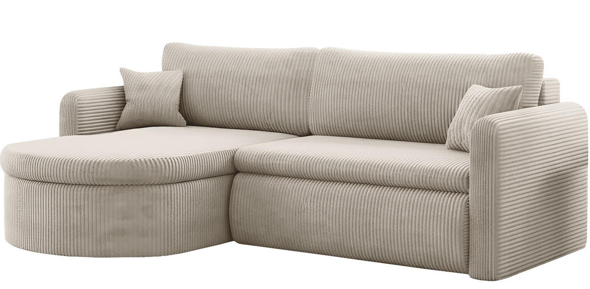 ECKSOFA Cora mit Schlaffunktion & Stauraum, Universell Rechts/Links, Creme Cord Chenille 260/82/160 cm - Creme/Schwarz, Kunststoff/Textil (250/160cm) - WFL GROUP