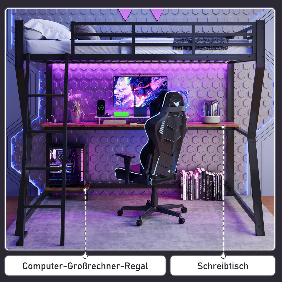 KATNI krevet od metala i MDF ploča 90x200 cm crni s LED rasvjetom, stolom, utičnicom i USB priključkom - crna, metal (90/200cm) - Modfu