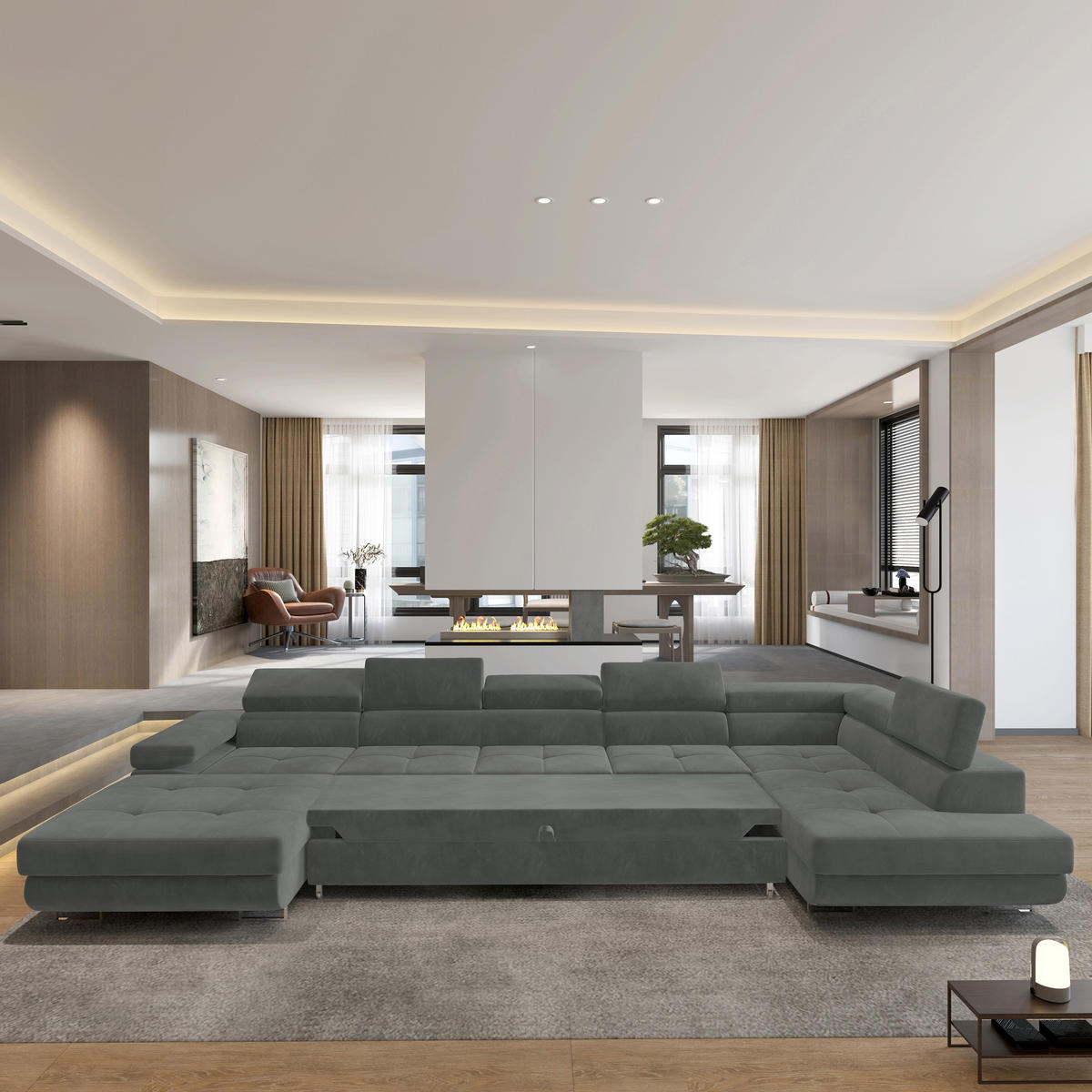 WOHNLANDSCHAFT TORIVA R-S Grau Velours-Stoff mit Schlaffunktion - Grau, Holz (418/90/202cm) - MASSENO