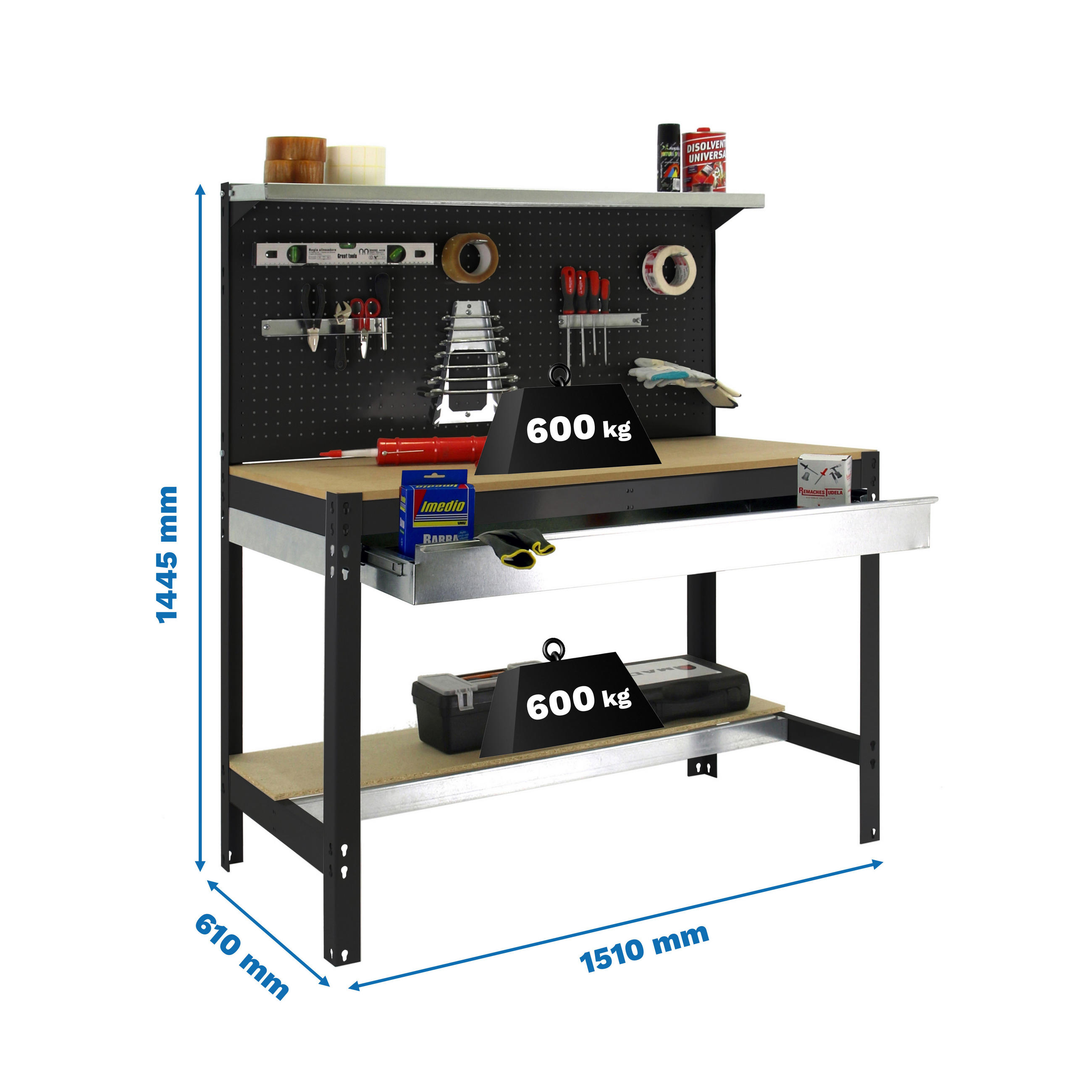 WERKBANK BUFFALO mit Werkzeugwand, Schubfach und Ablage | HxBxT 84x150x61cm | Traglast 600kg | Anthrazit - Anthrazit, Metall (150/84/61cm) - PROREGAL