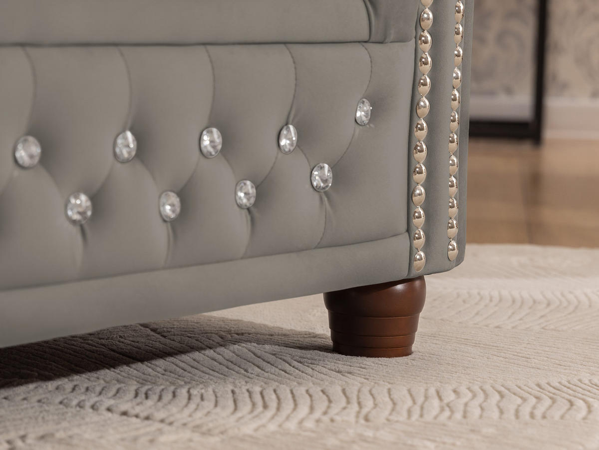 ECKSOFA mit Schlaffunktion Chesterfield Marineblau Samt mit Kristallsteppung und braunen Massivholzfüßen - Ottomane Links - Blau/Braun, Holz/Textil (264/210cm) - S-Style Möbel