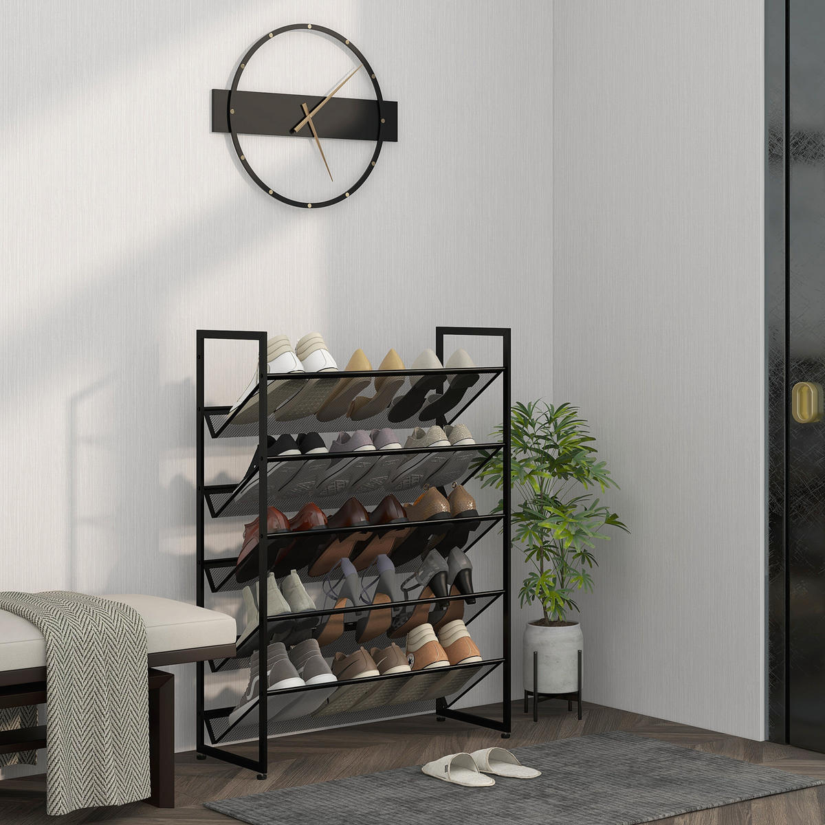 SCHUHREGAL, für max. 15 Paar Schuhe, Stahl, 72 x 30 x 102 cm, Schwarz - Schwarz, Metall (30/102/72cm) - HOMCOM