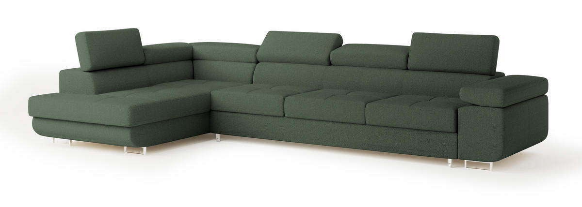 ECKSOFA VICENTE Grün Boucle-Stoff mit Schlaffunktion - Grün, Holz (346/202cm) - MASSENO