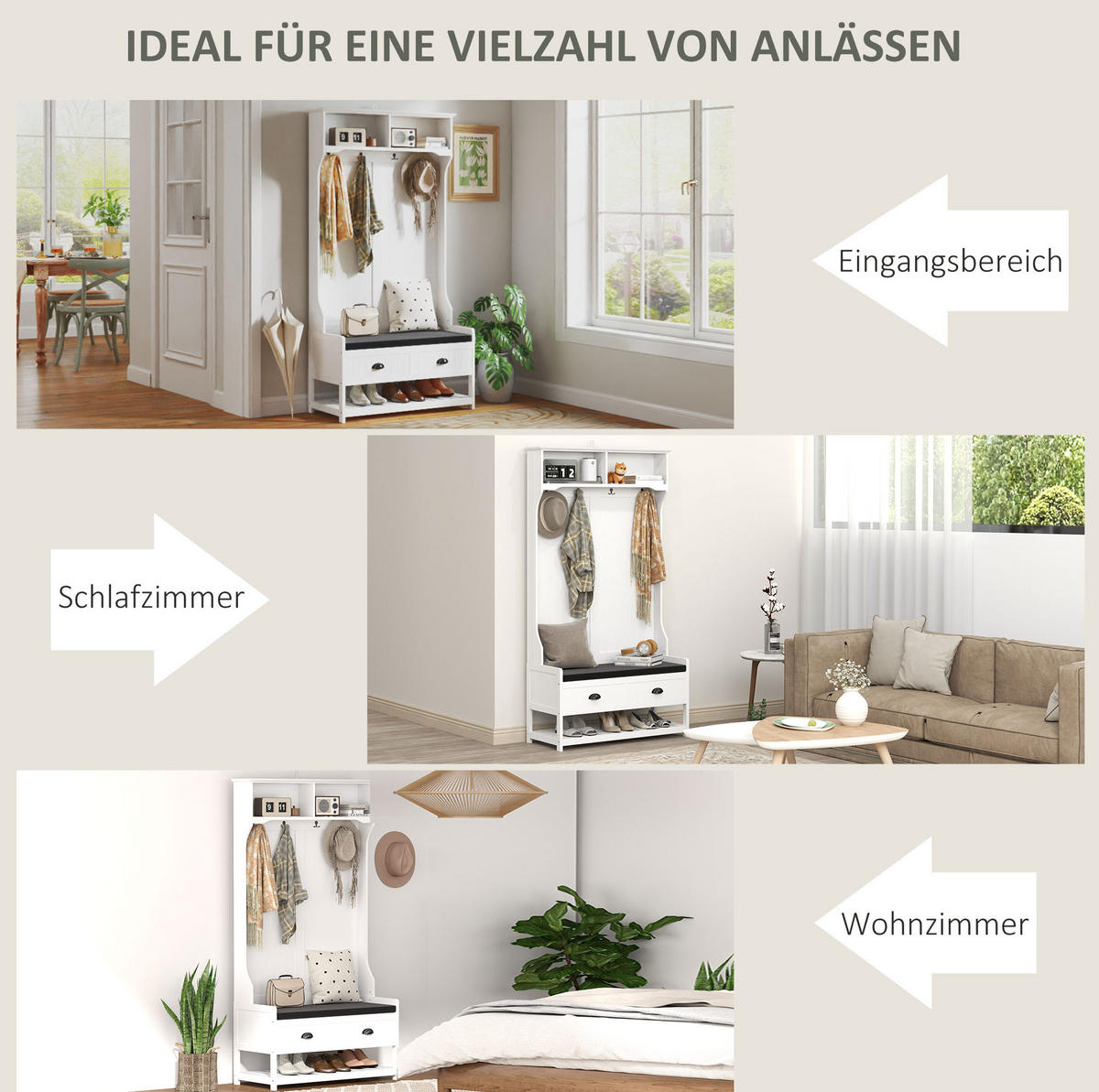 GARDEROBENSTÄNDER 89/42/172 cm mit Schuhbank, Schubladen und Kippschutz aus MDF, Weiß - Weiß, Holzwerkstoff (89/172/42cm) - Redom