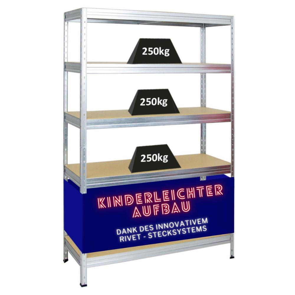 SCHWERLASTREGAL Rivet 180x120x45 cm Fachlast 250 kg Innovatives Stecksystem Verzinkt - Silberfarben, Metall (120/180/45cm) - PROREGAL