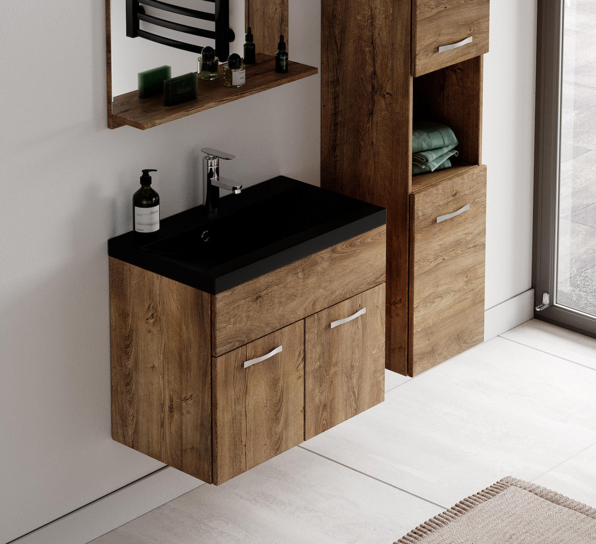 BADMÖBEL-SET Montreal 3 Teile Braun Eiche - Schwarze Waschbecken - 60 x 35 x 51 cm - Eichefarben/Schwarz, Holz (60/51/35cm) - Badplaats