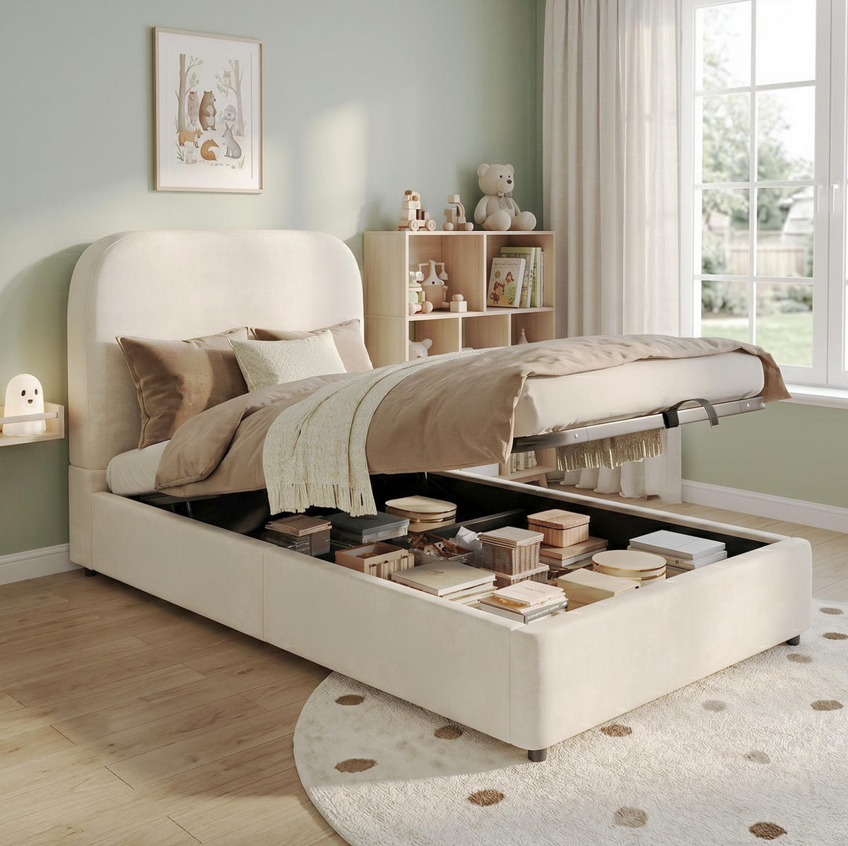 KINDERBETT 90/190 cm mit hydraulischem Bettkasten, Lattenrost und gepolstertem Kopfteil aus Samt, Beige - Beige, Textil (90/190cm) - Redom