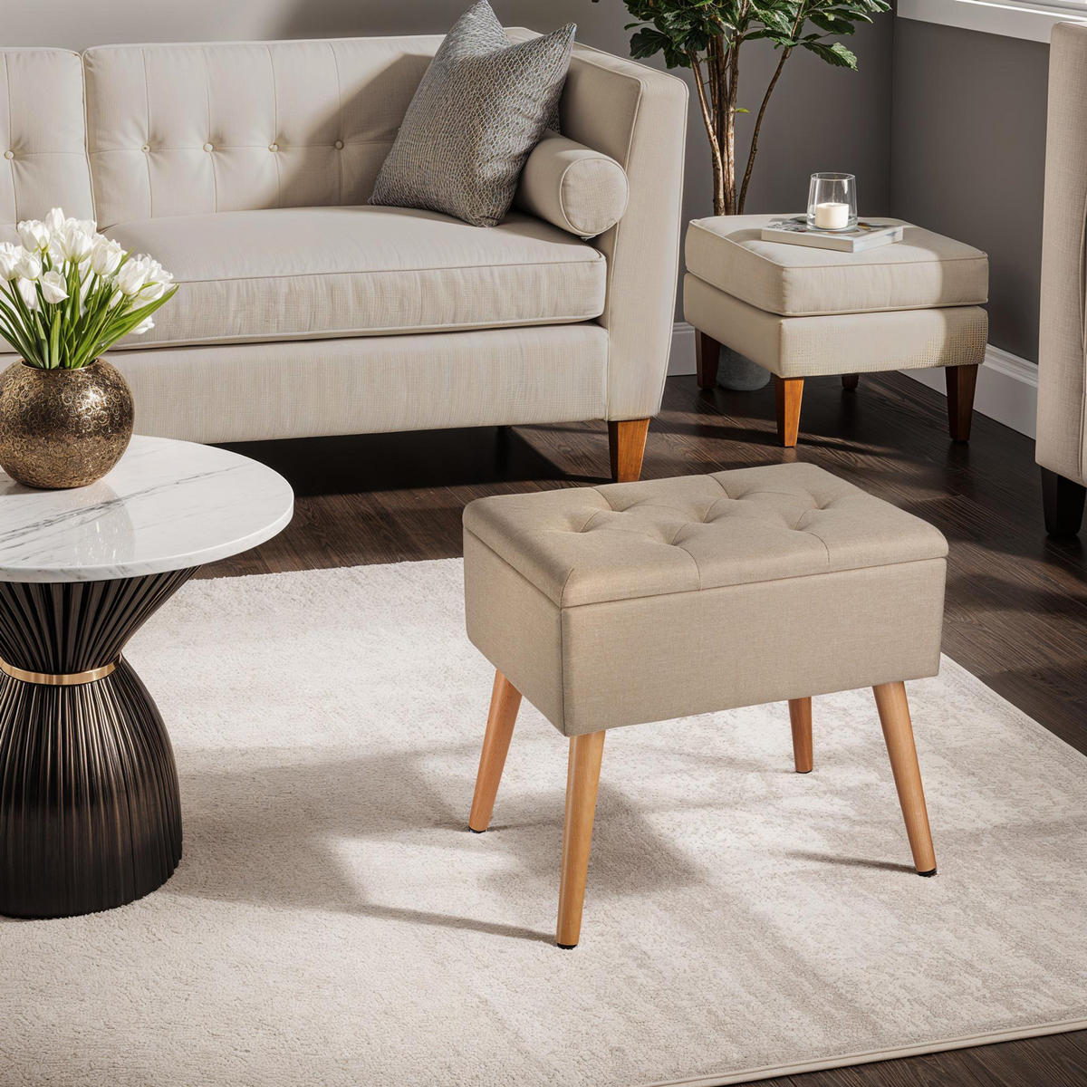 SITZBANK Ranya,51 x 37,5 x 45,5 cm,Sand - Sandfarben, Holz (37.5/45.5/51cm) - tectake