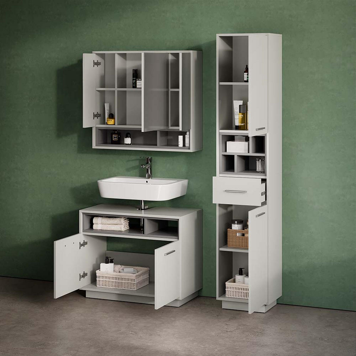 BADMÖBEL-SET Temo Grau 3 Teile, mit Hochschrank - Anthrazit/Grau, Holzwerkstoff (80/64/40cm) - Livinity®