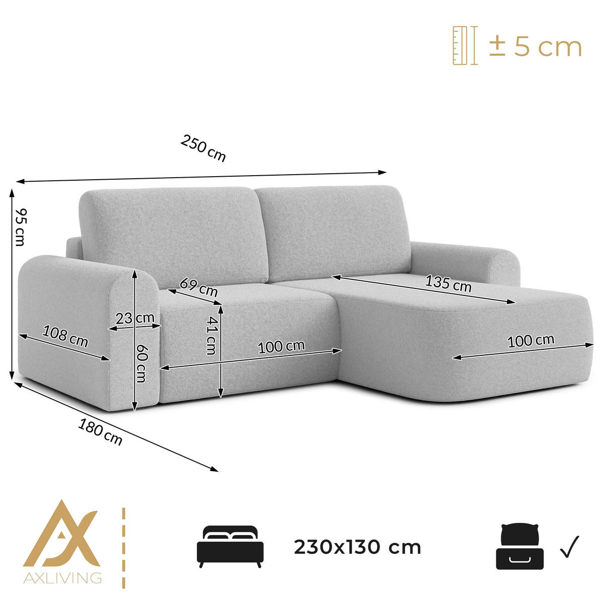 ECKSOFA L Form Otterton Dunkelgrau 250/180/95 cm Links mit Schlaffunktion - Schwarz/Grau, Kunststoff/Textil (180/250cm) - AX Living