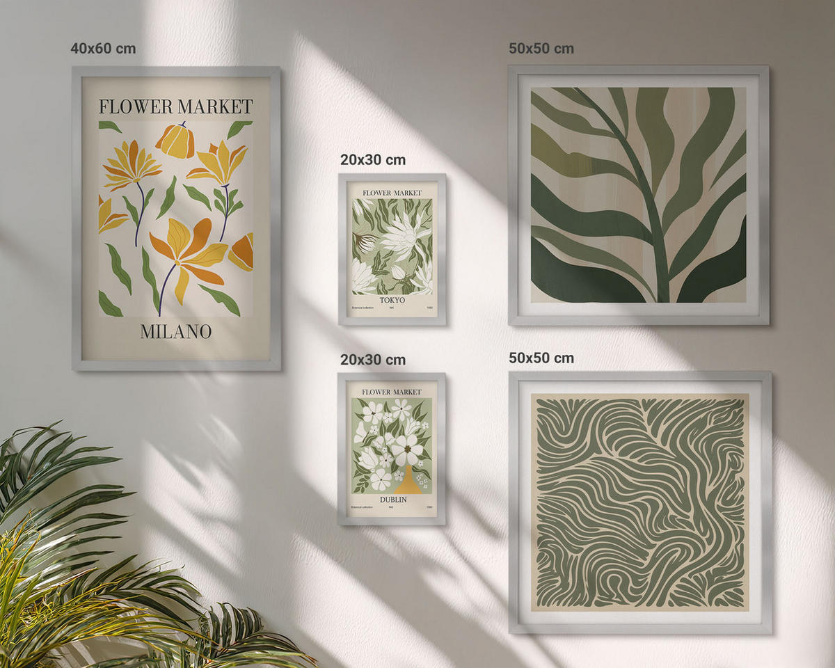 WANDBILDER 5er Set - 50x50 cm & 20x30 cm & 40x60 cm Silberner Rahmen - Pflanzenmuster, Boho-Dekorationen - Silberfarben, Kunststoff (40/60cm) - ArtPrintCave