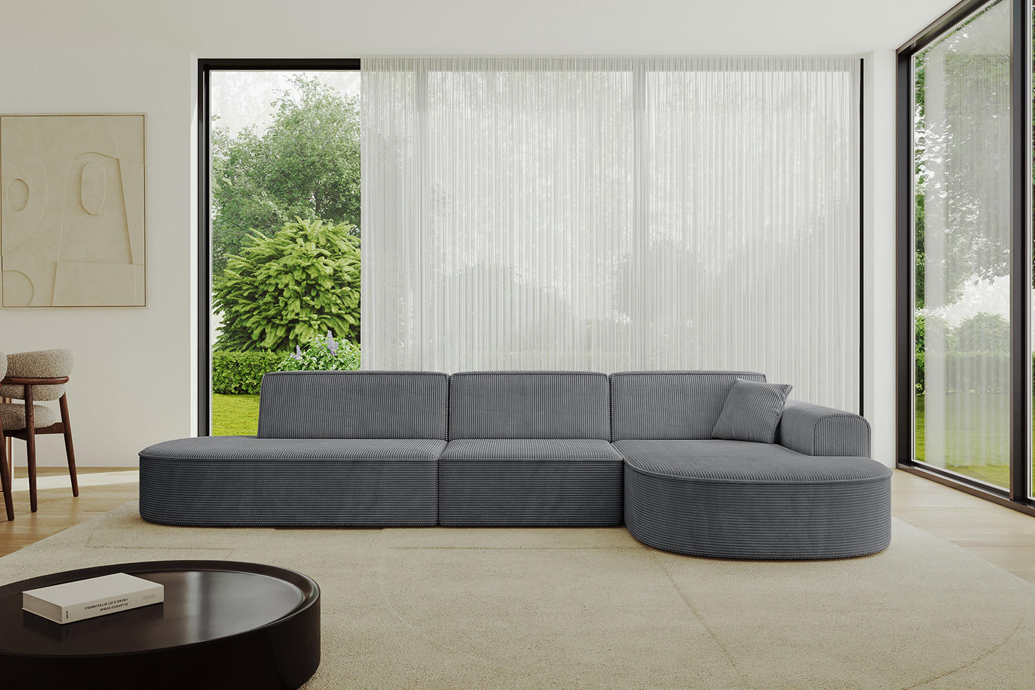 ECKSOFA Ottomane Rechts MARI-L2 - 317x163x73,5 cm Dunkelgrau Cord - Dunkelgrau/Schwarz, Holzwerkstoff/Kunststoff (317/163cm) - ALTDECOR