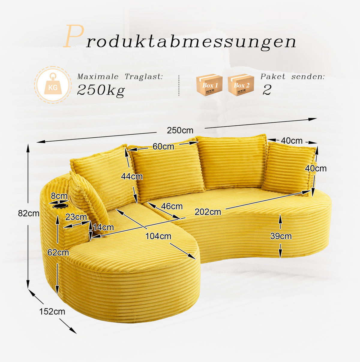 ECKSOFA aus Cord 250x152x82 cm Senfgelb mit Getränkehaltern, Seitentaschen und Kissen im modernen Bogendesign - Gelb, Textil (250/152cm) - Modfu
