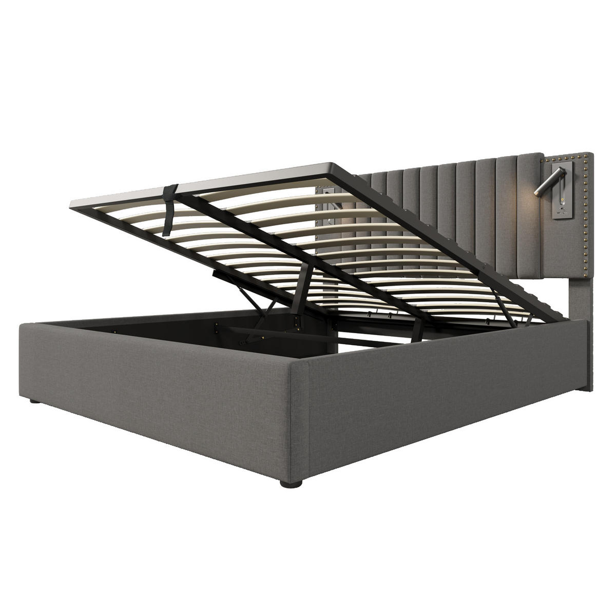 POLSTERBETT 180/200 cm Grau mit Stauraum und Leselicht - Grau, Textil (180/200cm) - OKWISH