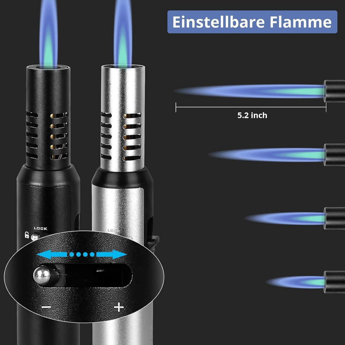 STABFEUERZEUG 2-teiliges Set nachfüllbar mit Sicherheitsschloss und einstellbarer Flamme - Multicolor, Metall (3.3/20.3/3.3cm)