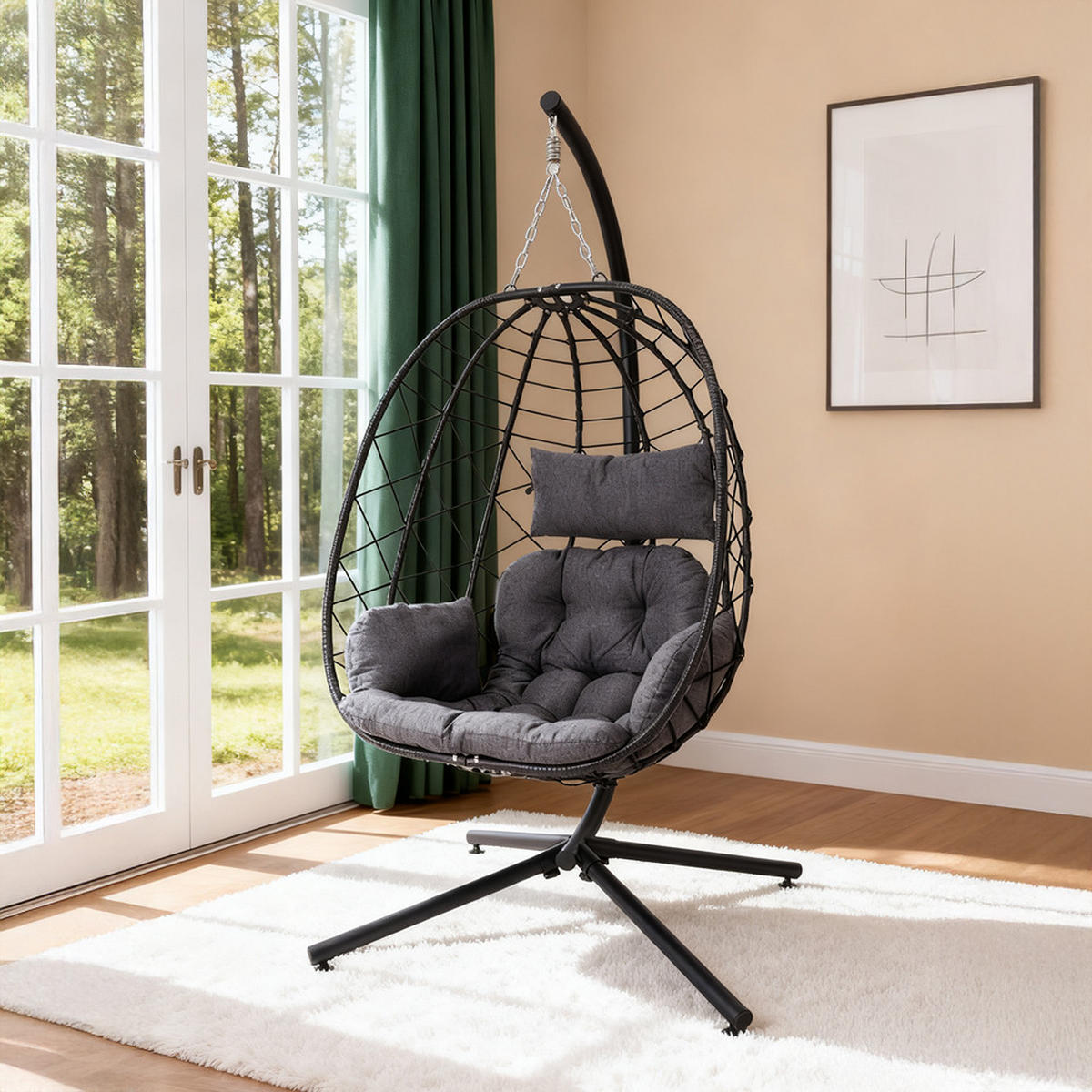 HÄNGESESSEL mit Kissen & Kopfstütze Eiförmig aus PE-Rattan, Eisen, Nylonseil in Schwarz Robuste Wetterbeständig Einfache Montage 93 x 88 x 192 cm - Schwarz, Metall (93/192/88cm) - Livingandhome