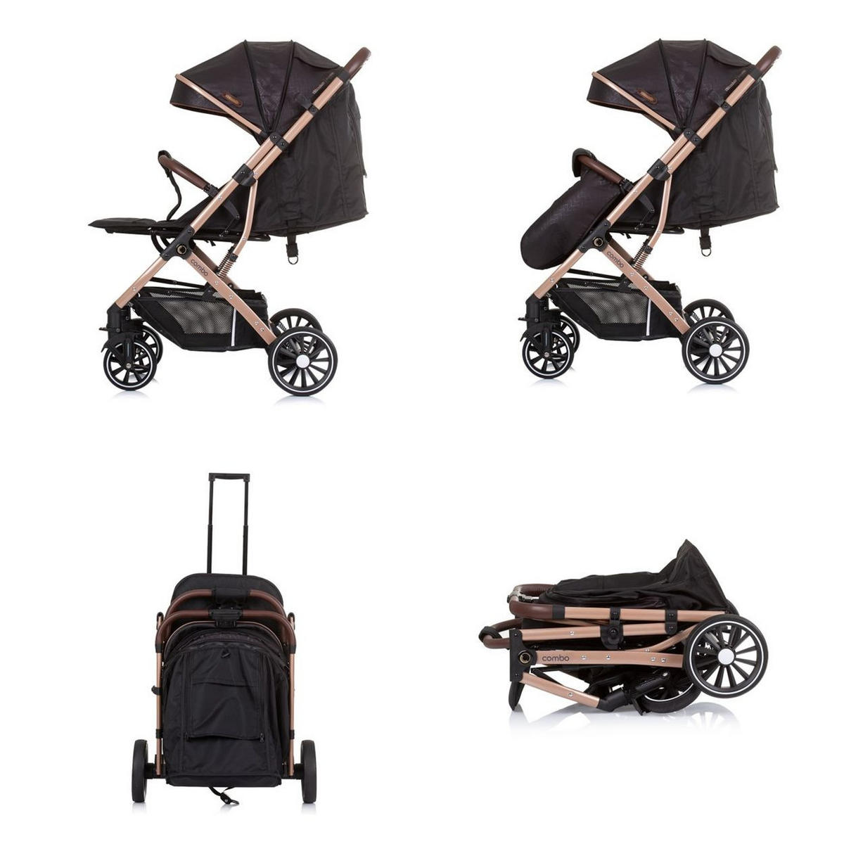 BUGGY Combo 22 kg schwarz gold Fußabdeckung Moskitonetz Räder gefedert - Schwarz, Metall (75/60/103cm) - Chipolino