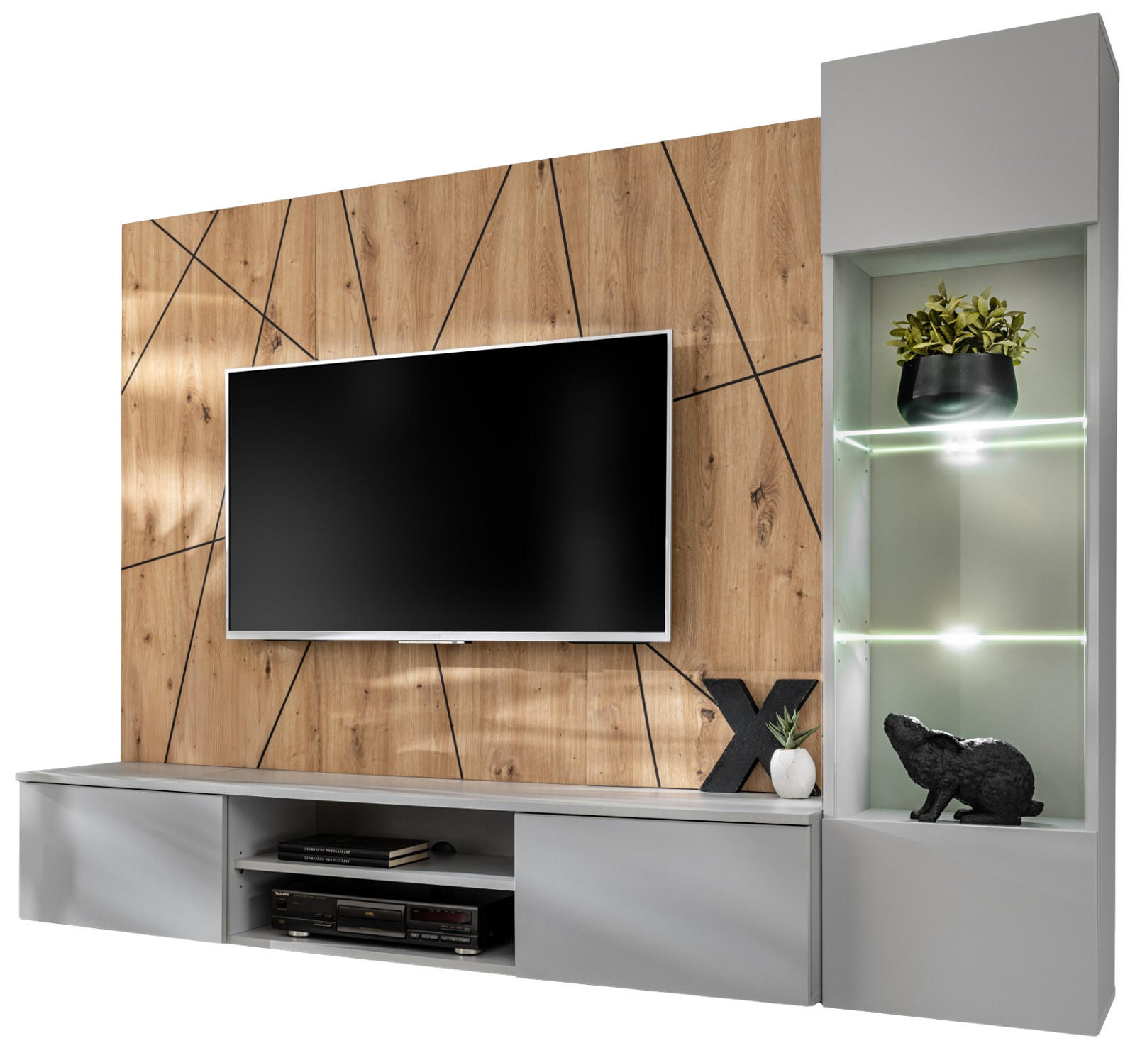 WOHNWAND hellgrau, Eiche Artisan 200 cm, Schrankwand inklusive Beleuchtung, Push-to-Open - Hellgrau/Eiche Artisan, Glas/Holzwerkstoff (200/148/35cm) - Inn.Furn