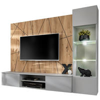 WOHNWAND hellgrau, Eiche Artisan 200 cm, Schrankwand inklusive Beleuchtung, Push-to-Open - Hellgrau/Eiche Artisan, Glas/Holzwerkstoff (200/148/35cm) - Inn.Furn