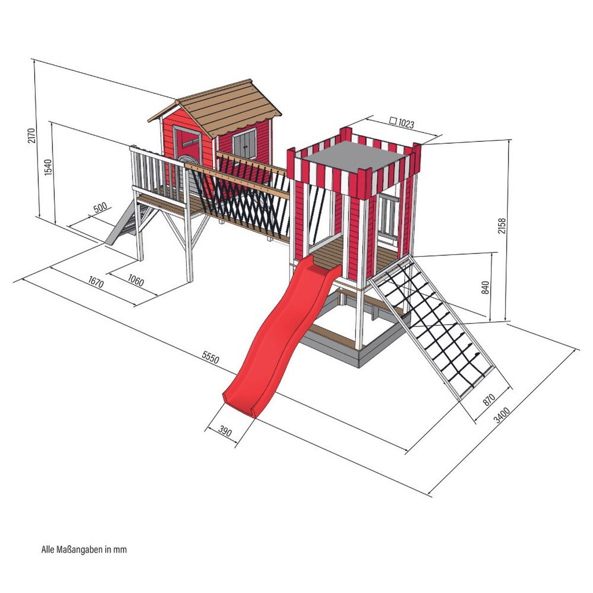 SPIELPARK WUNDERLAND - Rot, inkl. Schaukel und Rutsche - Rot, Holz (555/215/340cm) - Home Deluxe