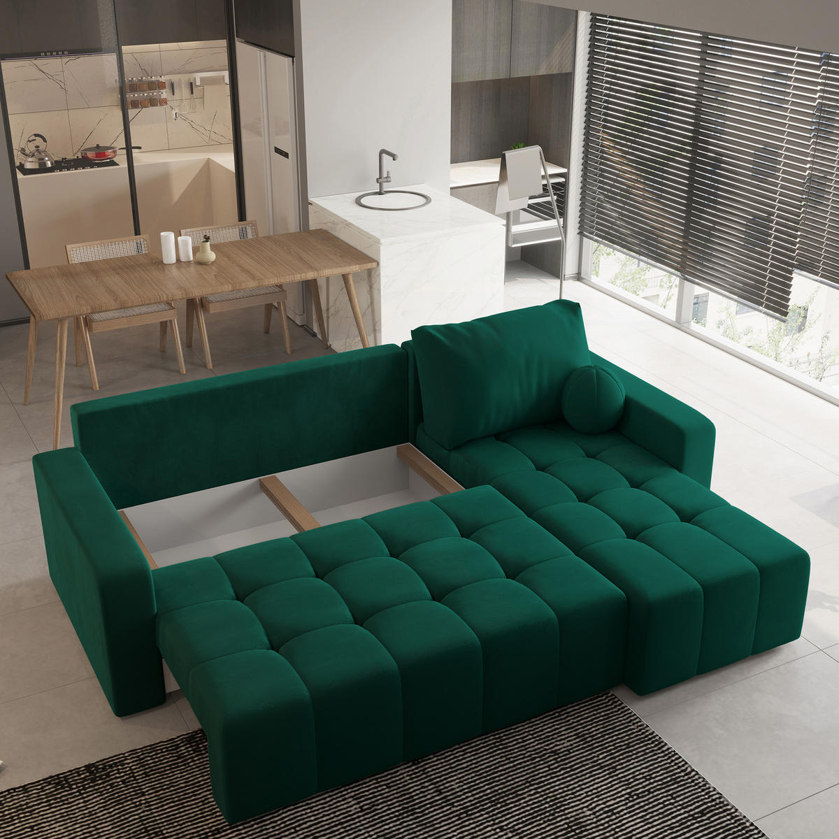 ECKSOFA VOLIRA Grün Plüsch-Stoff mit Schlaffunktion - Grün, Holz (230/143cm) - MASSENO